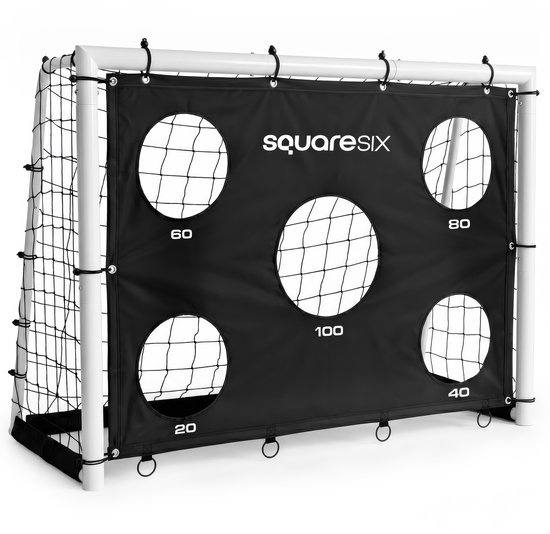 SquareSix voetbaldoel 180x120 cm met gatendoek SquareSix Voetbaldoel 180x120x60 cm met Gatendoek - Voetbal Goal - Voetbal Trainingsmateriaal - Stalen Frame - 10 Grondankers - Wit