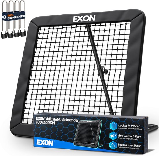 Exon verstelbare voetbal rebounder XL 100x100 cm Exon® Verstelbare Rebounder XL- 100x100cm - Kickback - Tchouck - Inclusief Grondankers - Voetbal Bouncer - Voetbal Trainingsmateriaal - Zwart