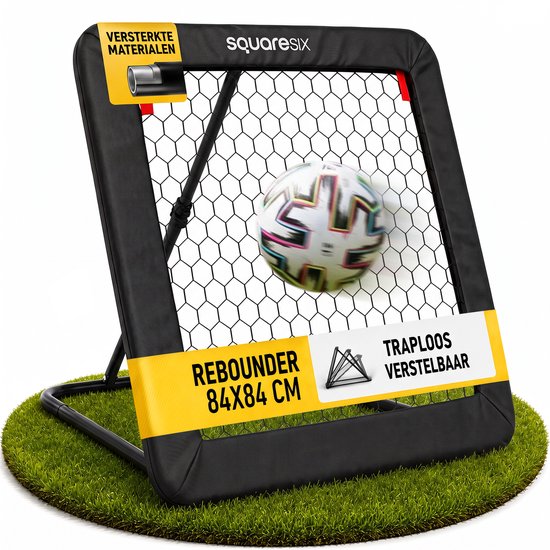 SquareSix voetbal rebounder 84x84 cm (inklapbaar) SquareSix Voetbal Rebounder Verstelbaar 84x84 cm - Voetbaldoel Rebounder - Kickback Tchouk - Inklapbaar - 4 Grondhaken - Zwart