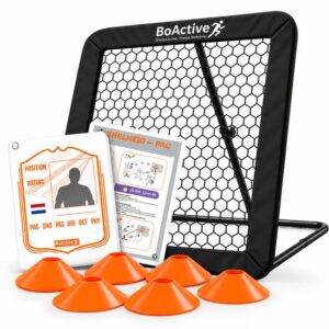 BoActive® Voetbal Rebounder 100x100 cm - Kickback Tchouk voor Kinderen - Incl. Trainingsboekje, Spelerskaart & 6 Pionnen