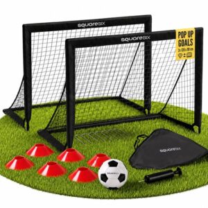 SquareSix Pop-Up Voetbaldoeltjes Set van 2 - 120x91x91 cm - Voetbaldoel - Voetbal Goals - Voetbal Trainingsmateriaal - Bal, Pomp, 6 Hoedjes, Draagtas en 8 Grondankers - Zwart